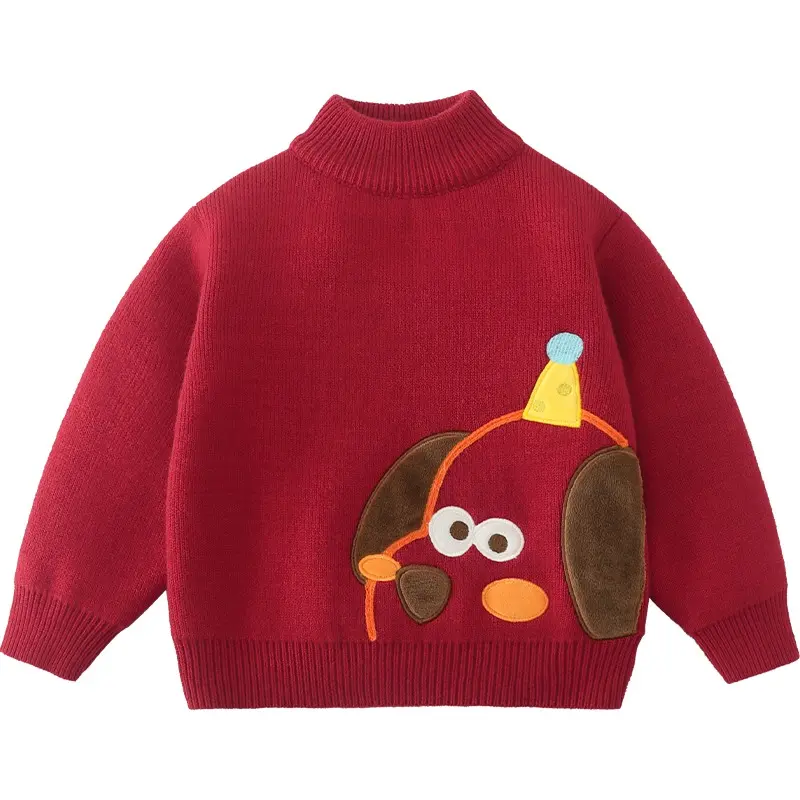 Cable-Knit CICIIBEAR Red Fleece-Lined Children's Christmas Turtleneck Sweater with Cute Dog Design for Cozy Holiday Wear christmas sweater Boys Crewneck
