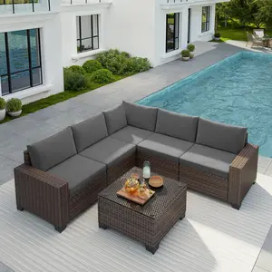 Gizoon 6-Piece Outdoor Patio Furniture Set, PE Wicker Rattan Sectional Sofa Conversation Set with Thickened Cushions and Coffee Table, All-Weather Patio Furniture for Garden, Backyard, Poolside, Grey