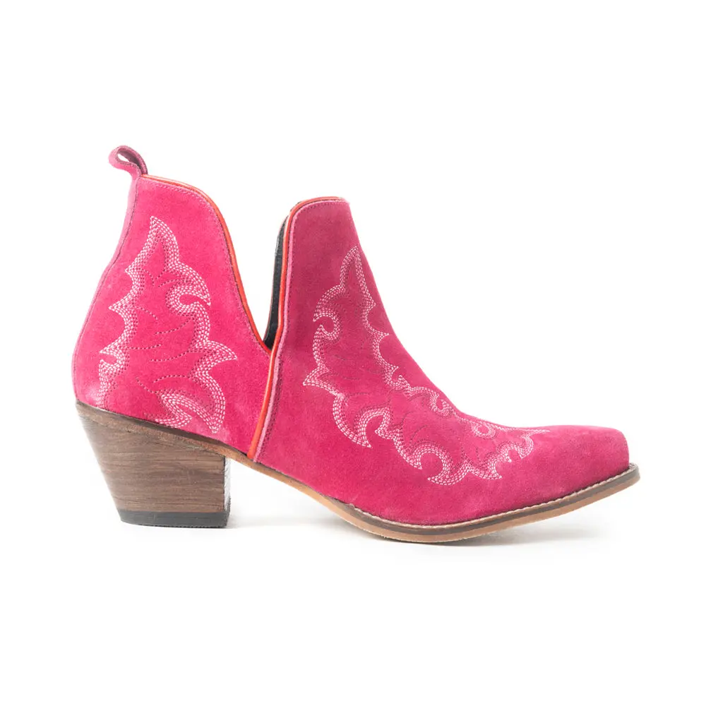 Women's Pink Western Booties with Tonal Stitching - Soft Snip Toe Ankle Footwear with a Low Stacked Heel, Leather, Western Elegance, Classic, Ankle Length, Urban/Countryside, American Style, Elegant, Pointed, Western Look