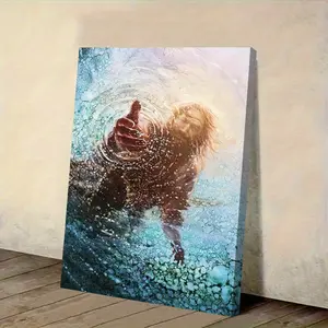 1pc Framed  Wall Art Canvas Christian Picture of God Reaching Out Over Ocean Religious Poster, Suitable for Bedrooms, Living Rooms, Corridors, Wall Art, Wall Decor, Winter Decor, Room Decor, Gift for Friends, Family, and Colleagues, Canvas