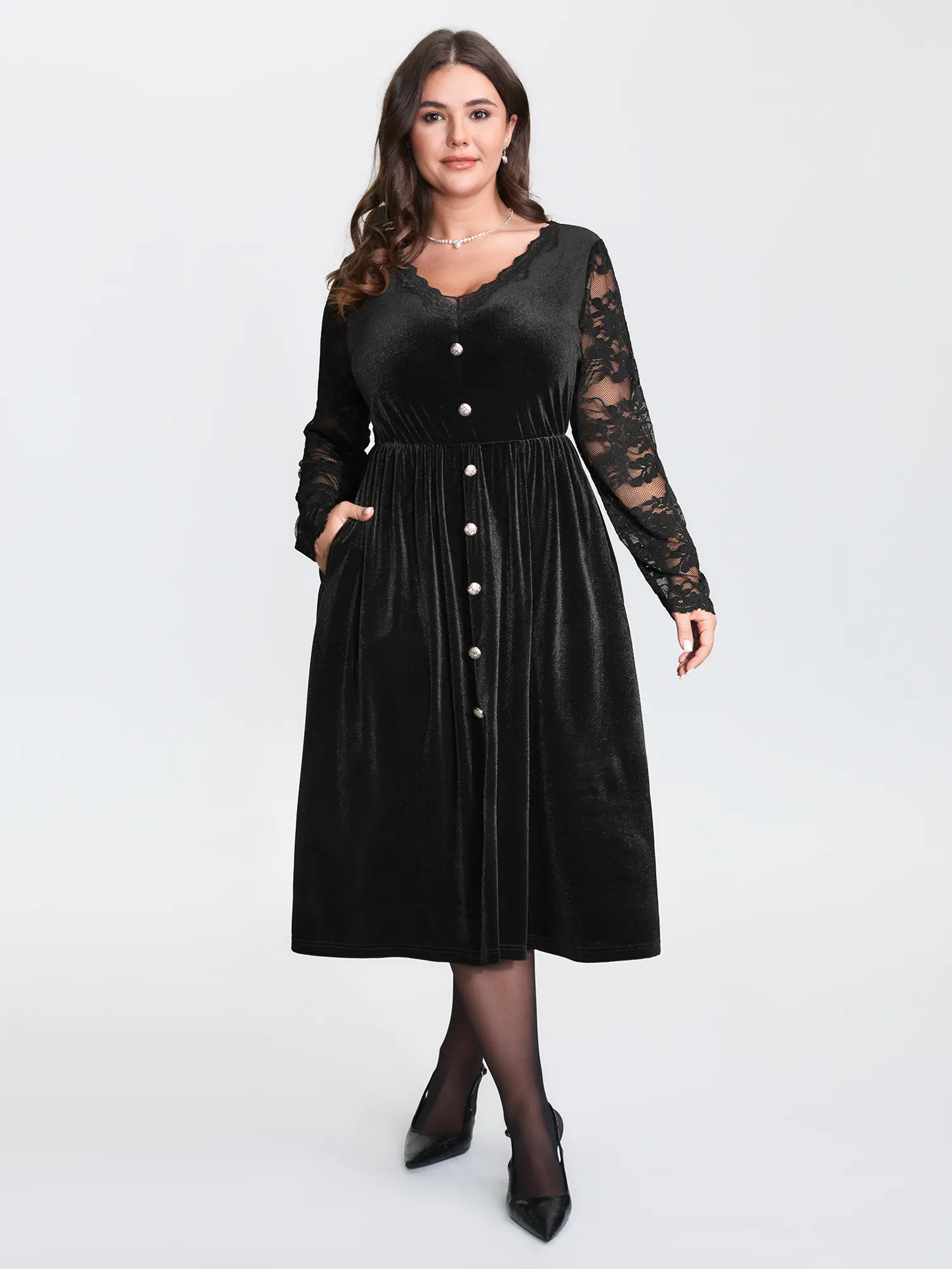 Easter's HaulBloomchic Velvet Sheer Floral Lace Midi Dress - Black Bodycon  with Deep V-neck Long Sleeve & Slanted Pockets Fit Casual Wear Women Button  Womenswear - TikTok Shop