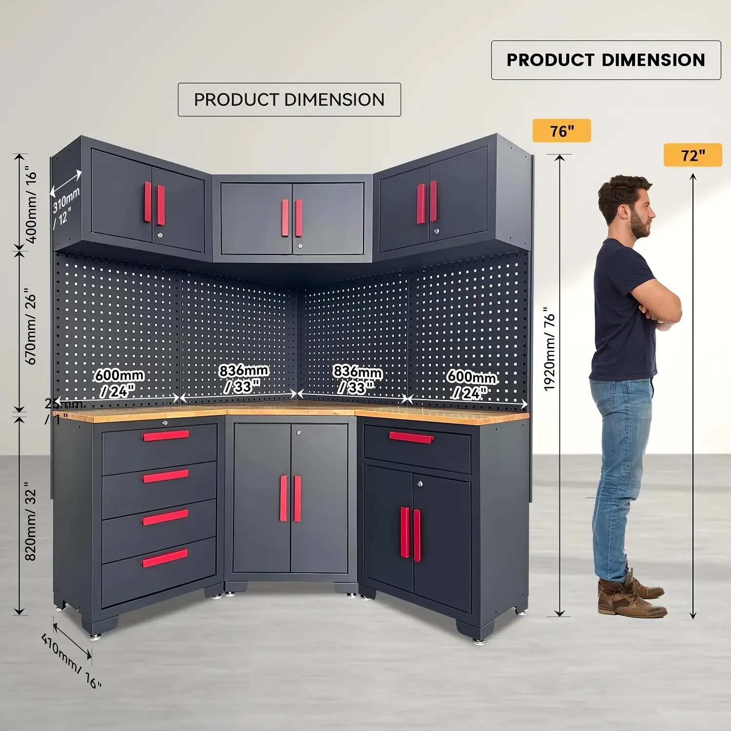 HPDMC 10pcs Corner Garage Storage Cabinet System - Heavy Duty Workshop Set W/Corner Cabinet Includes Workbench, Pegboard & Lockable Drawers | Metal Tool Organization System for Garage/Workshop