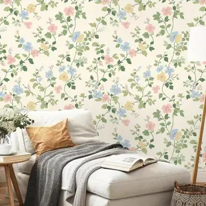 Fresh Farmhouse Vine Floral Self-Adhesive Wallpaper Roll, Spring Aesthetic Wall Paper, Waterproof Removable Contact Paper for Living Room Kitchen Bedroom, Decorative Wallpaper