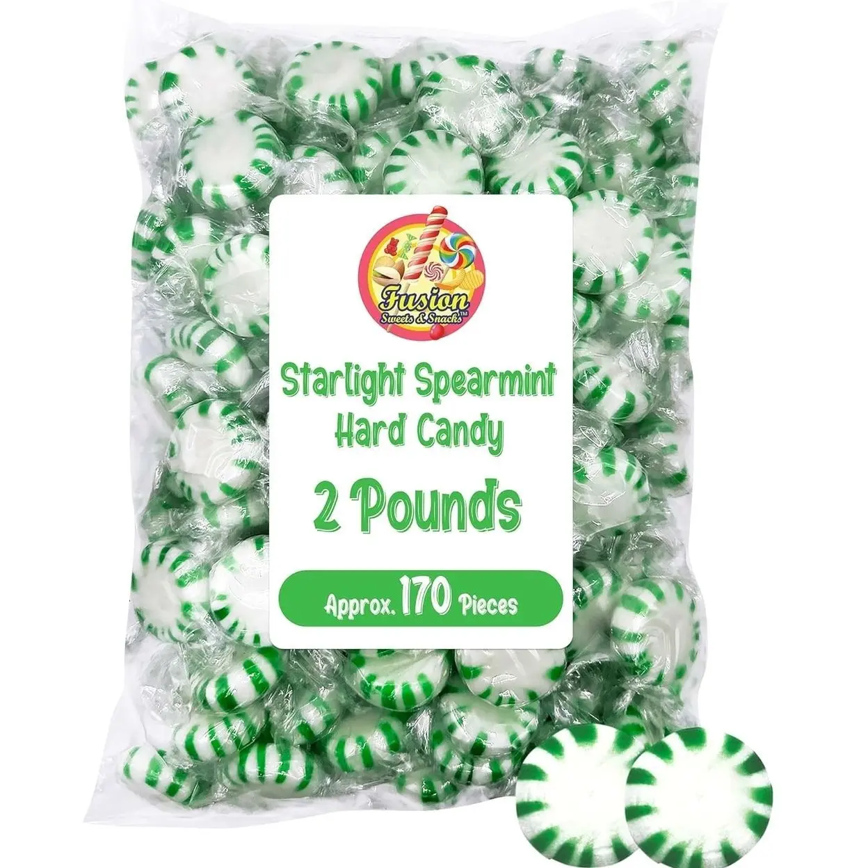 Starlight Spearmint Candy - 2 Pound Bulk (Approx 170 Pieces) Individually Wrapped Mints - Refreshing Green & White Spearmint Hard Candy Discs