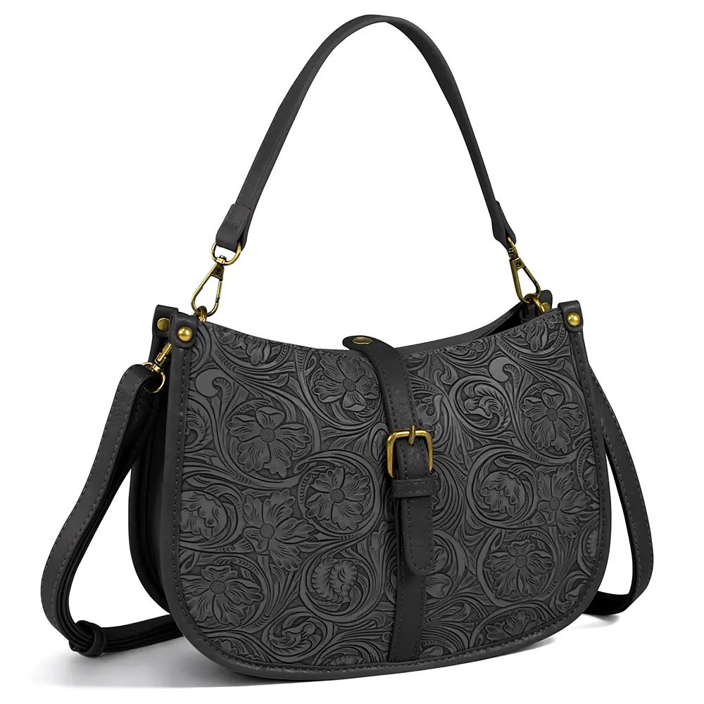 Vintage Embossed Leather Saddle Bag Women Floral Shoulder Crossbody Bag Retro Floral Embossed Vegan Leather Saddle Shoulder Bag Adjustable Strap Retro Daily Handbag