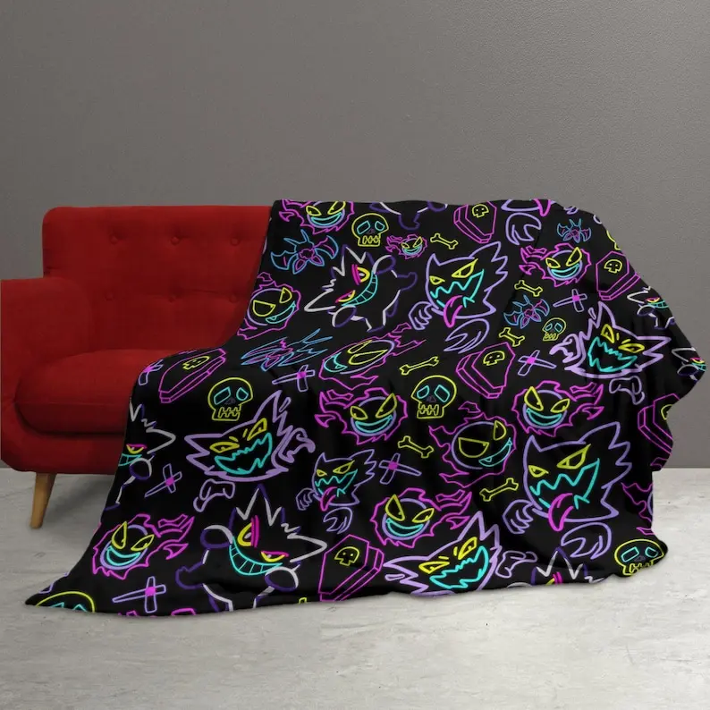 Gengar Fleece Blanket, Neon Ghost Cozy Throw Blanket, Funny Family Baby Blanket, Halloween Christmas Home Decor Gengar Blanket Gifts