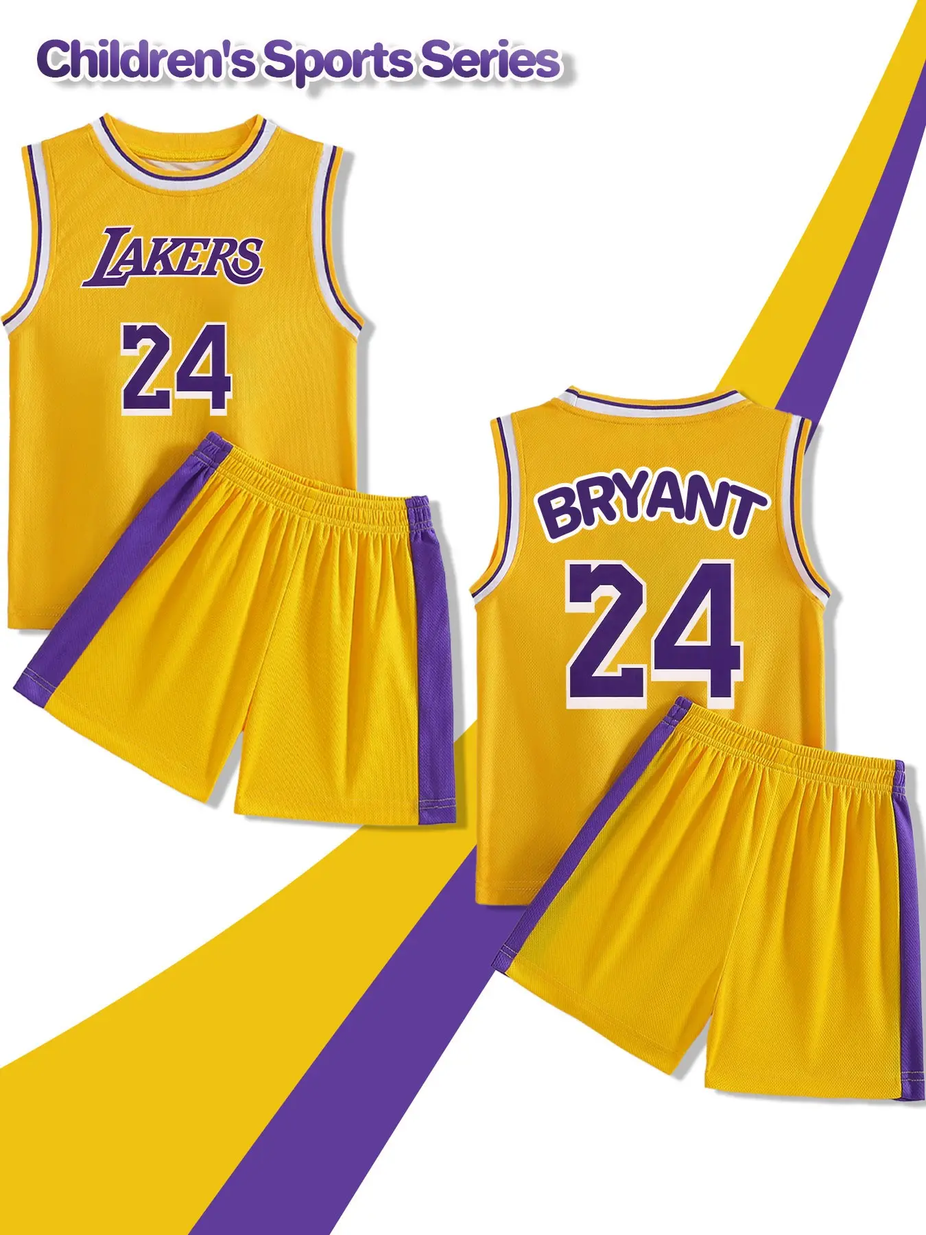 2-piece boys' basketball uniform set | Summer soft and comfortable sleeveless vest and shorts, with No. 24 BRYANT print, round neck, very suitable for training and outdoor activities, basketball accessories, outdoor, Sportswear Set, Top and Shorts