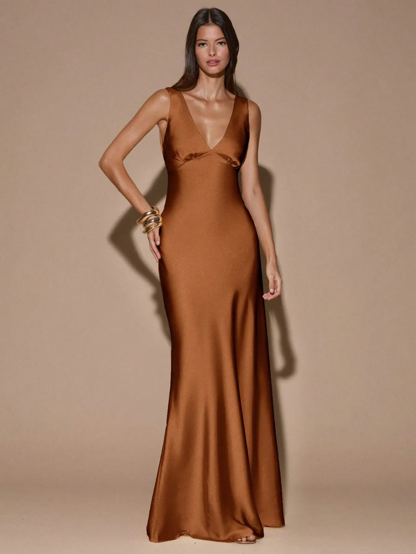 Women's Rust Brown Deep V-Neck Backless Mermaid Maxi Dress | Elegant Sleeveless Dress With Tie Strap Detail And Flattering Fitted Silhouette | Summer Autumn Party Cocktail Dinner Wedding Guest Bridesmaid Date Night Formal Occasion Outfit For Women