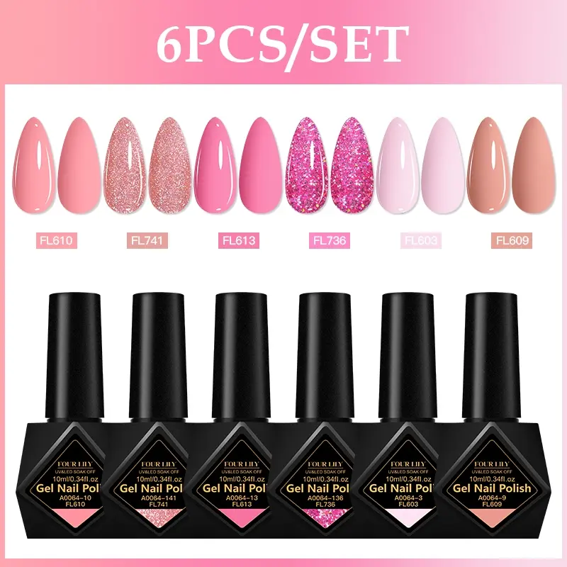 FourLily Macaron Pink Gel Nail Polish Set, 6Counts/Set Cream Tone Nail Gel Polish, Soak Off LED UV Gel Varnish, Uv light gel, Soft Gel Acrylic Summer Nail Art Gel, Semi-Permanent DIY Manicure Gel Set for Nails & Hands, Great Gift for Women, Nail Set