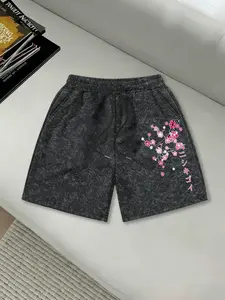 Men's Washed Cherry Blossom Print Shorts, Casual Street Style with Sakura and Japanese Text, Elastic Waist with Drawstring