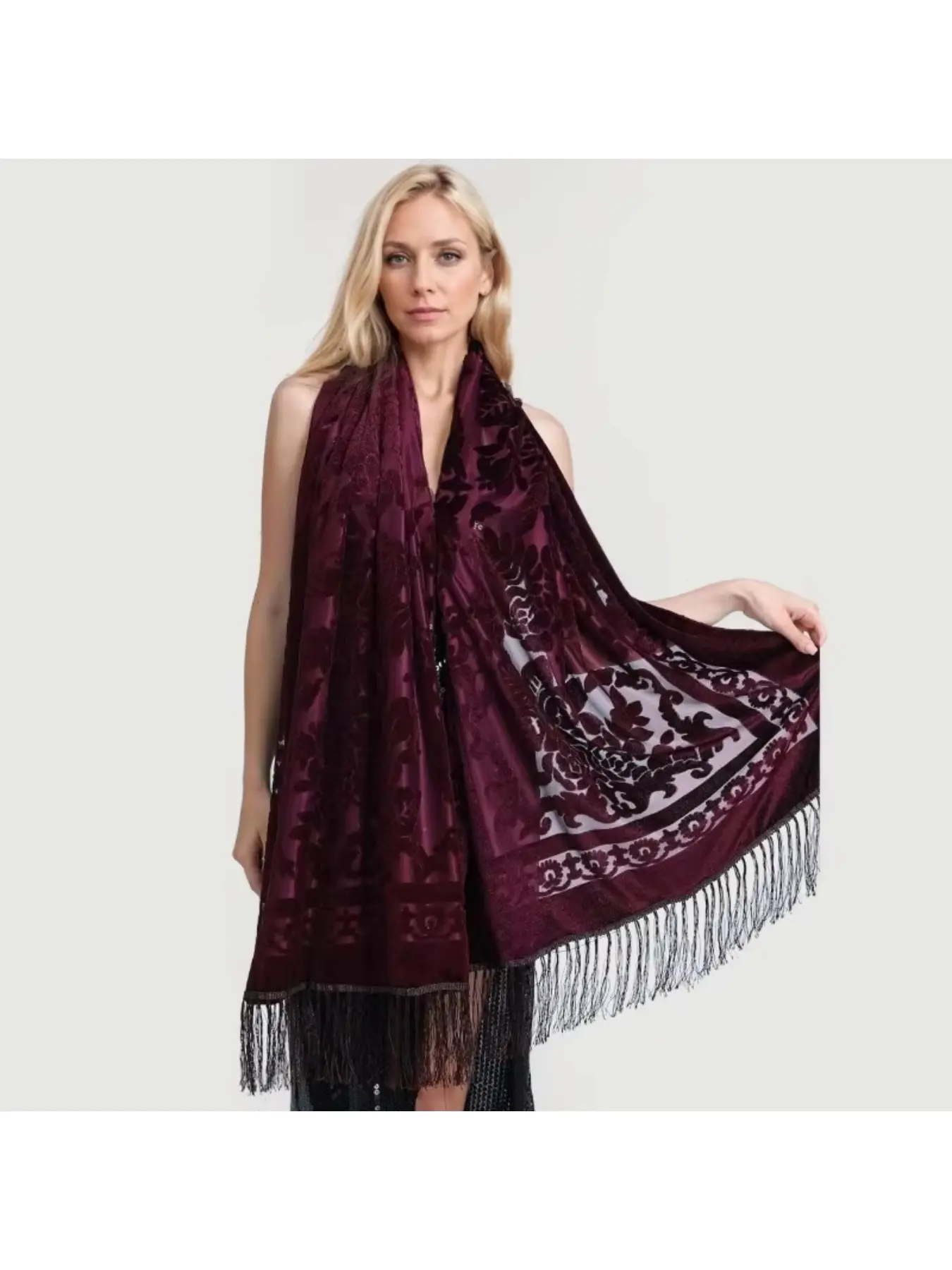 New Ethnic Style Elegant Velvet Cheongsam Shawl Versatile Long Fringe Scarf Warm Air-Conditioning Wrap