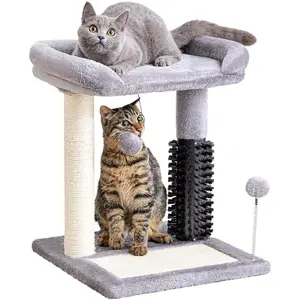 Small Cat Tree Tower, Cat Scratching Post 4-in-1 with Self Groomer Brush, 20" Tall Natural Sisal Cat Scratcher, Plush Perch Bed with Dangling Ball for Indoor Kittens