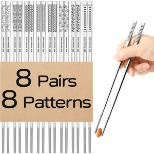 Set of 2 Reusable 18/8 Stainless Steel Metal Chopsticks, Cute Laser Engraved, Non-slip, for Cooking & Eating, Dishwasher Safe, 9.25"-Gift Set