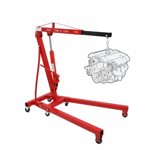 Heavy Duty 2 Ton (4400 lbs) Folding Hydraulic Engine Hoist Cherry Picker – 4 Adjustable Positions – 6 Casters – for Garage, Workshop, Warehouse – Red, 2T