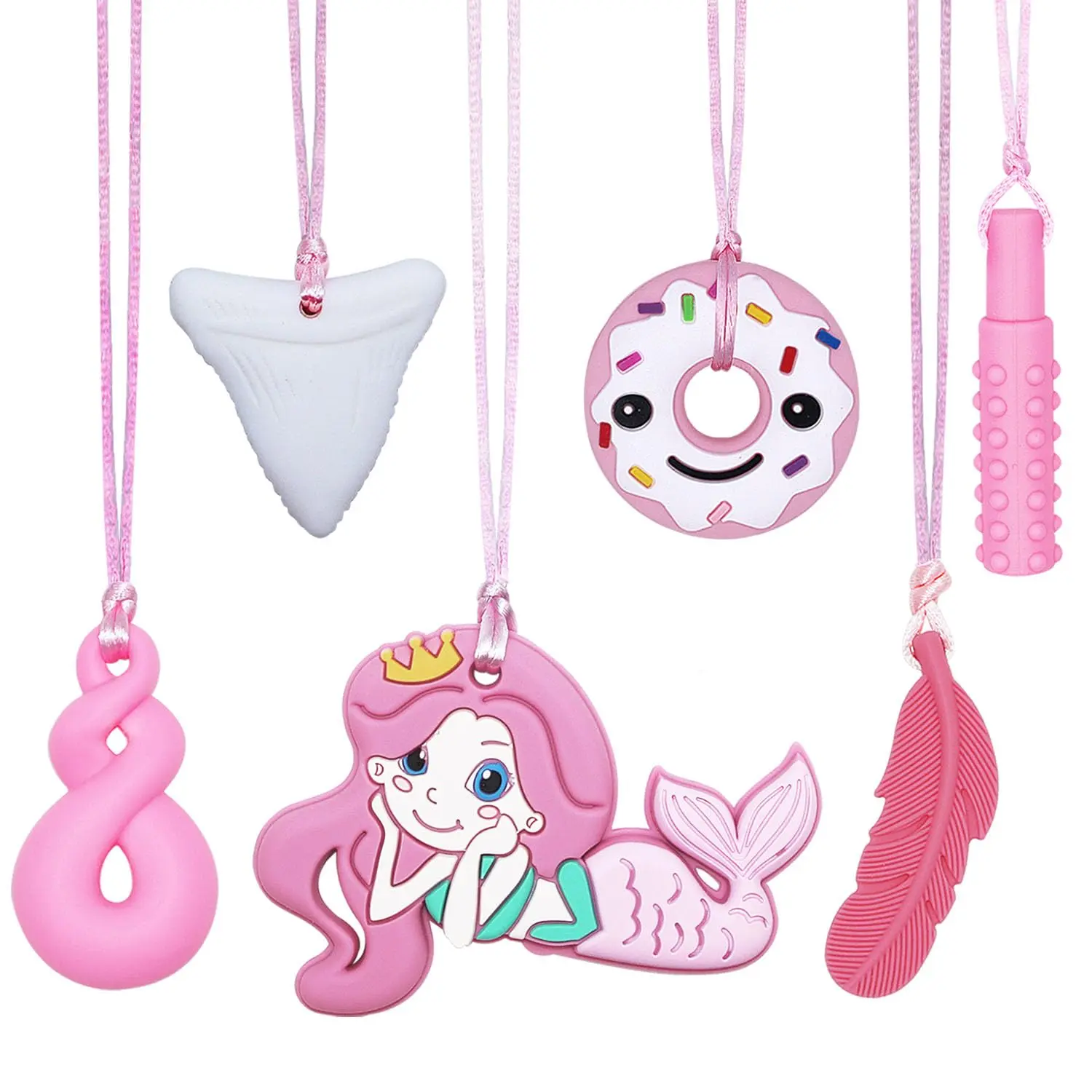 FN47 Chew Necklaces for Sensory Adults Kids , 6 Pack Silicone Sensory Chew Necklace for Autistic Children with ADHD/SPD/Autism/Anxiety, Pink Chewy Necklace Stim Necklace for Teething Chewing Biting Fidgeting