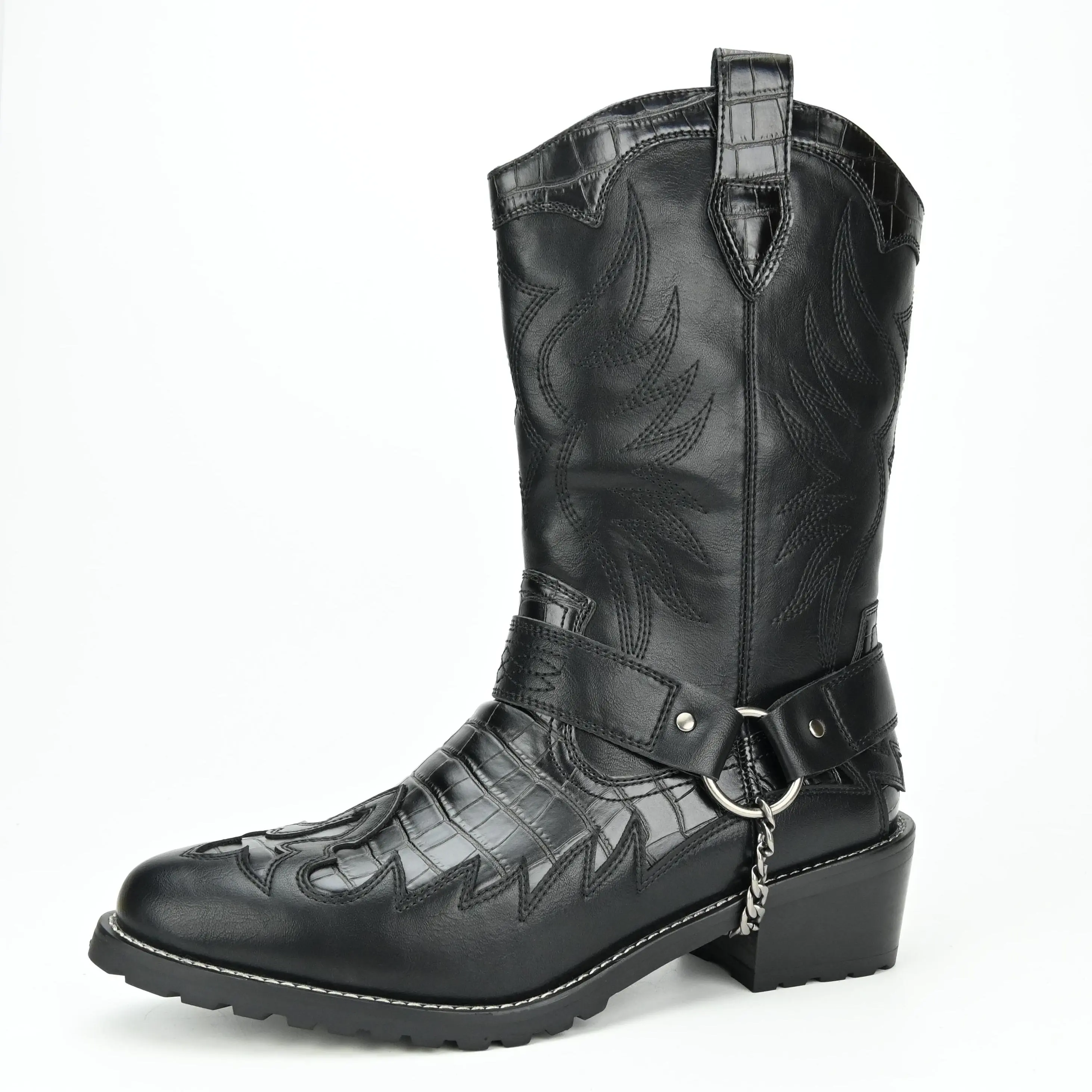 Black Leather Cowboy Boots for Men - Alligator Print, Buckle Chain Decor, Mid - Calf Western Style Riding & Casual Boots Men's Black Western Cowboy Boots with Buckle Chain & Embroidery - Alligator Pattern Leather, Mid - Calf Riding Boots