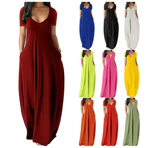 Women's Casual V Neck Maxi Dress Short Sleeve Loose Boho Long Dresses Summer Sundress with Pockets Plus Size S-5XL