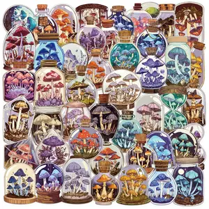 50pcs Transparent Cartoon Vintage Mushroom Bottle Stickers, Waterproof Pet Material, Decorative Acrylic Bookmarks, Guitar, Notebook, Luggage