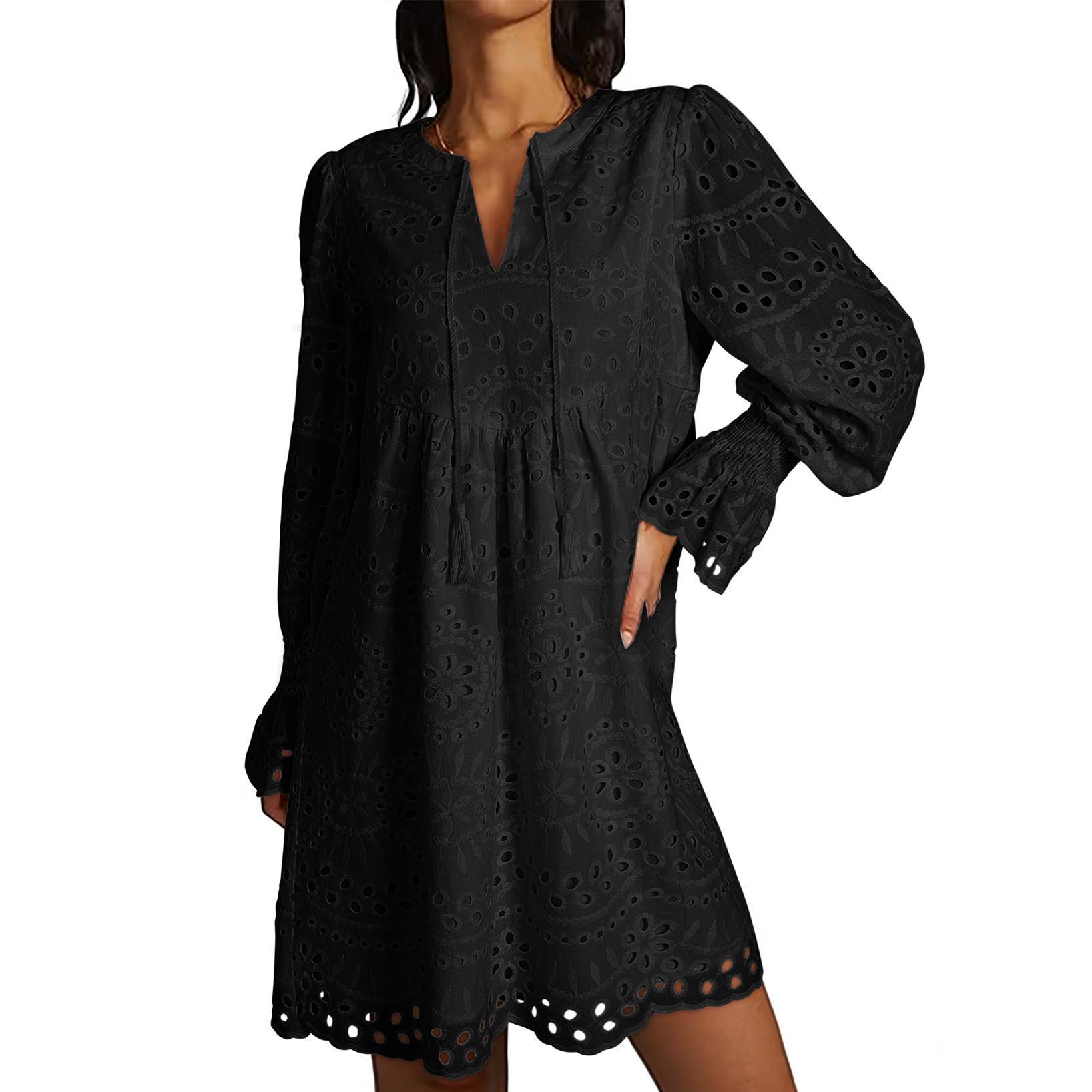 Dokotoo Womens 2026 Boho Dress Tassel V Neck Long Sleeve A Line Casual Hollow Out Lace Ruffle Party Dresses