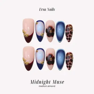 ErsaNails MIDNIGHT MUSE - Medium Almond 10 PCS Handmade Press On Nails | Caramel, Aura, Swirl & Ombré