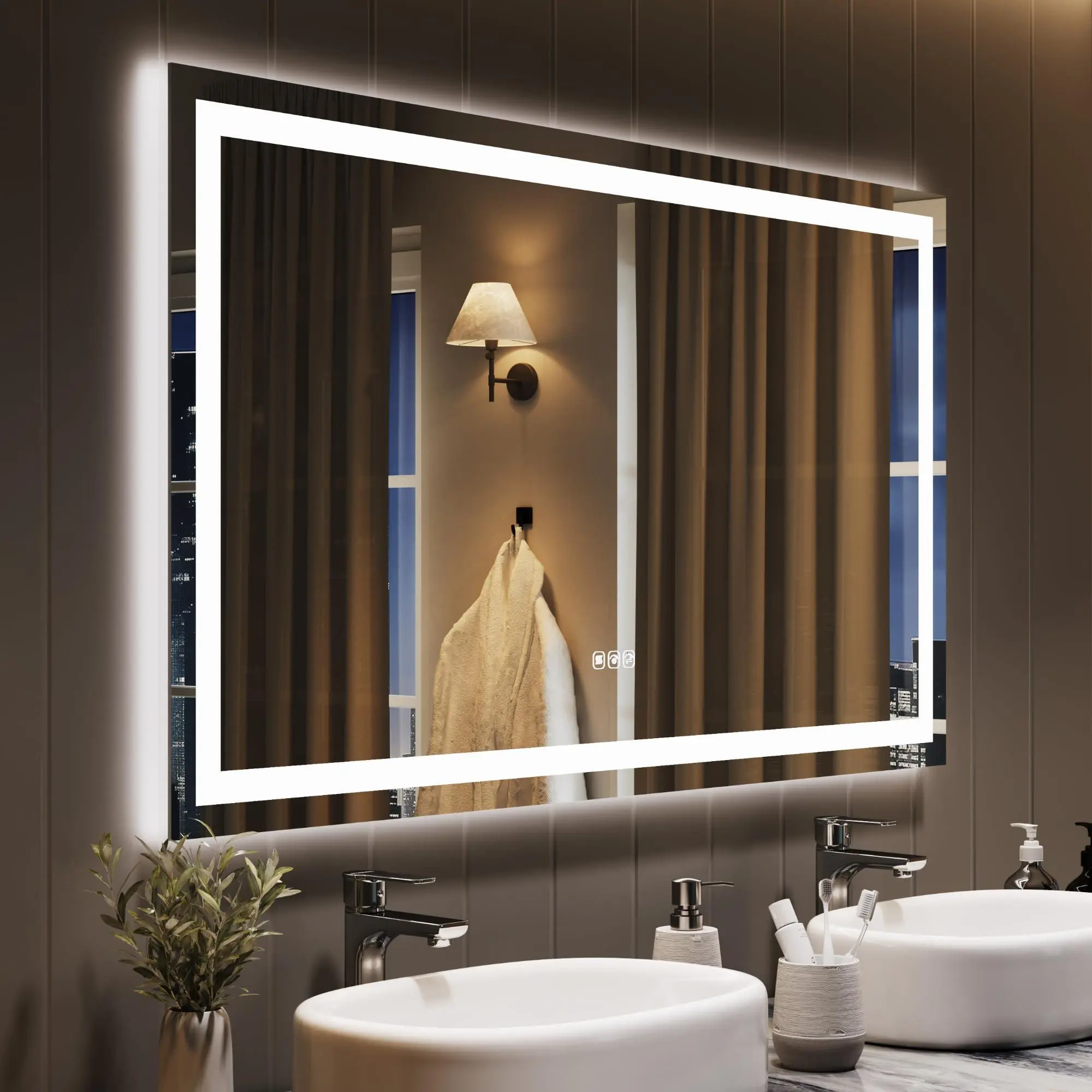 Dimmable Rectangle Wall Mirror for Bathroom Vanity (50x28in), Wall-Mounted Tempered Glass Mirror with Backlit + Front Lit, Anti-Fog, Memory Function, Shatter-Proof, Adjustable Horizontal/Vertical Installation