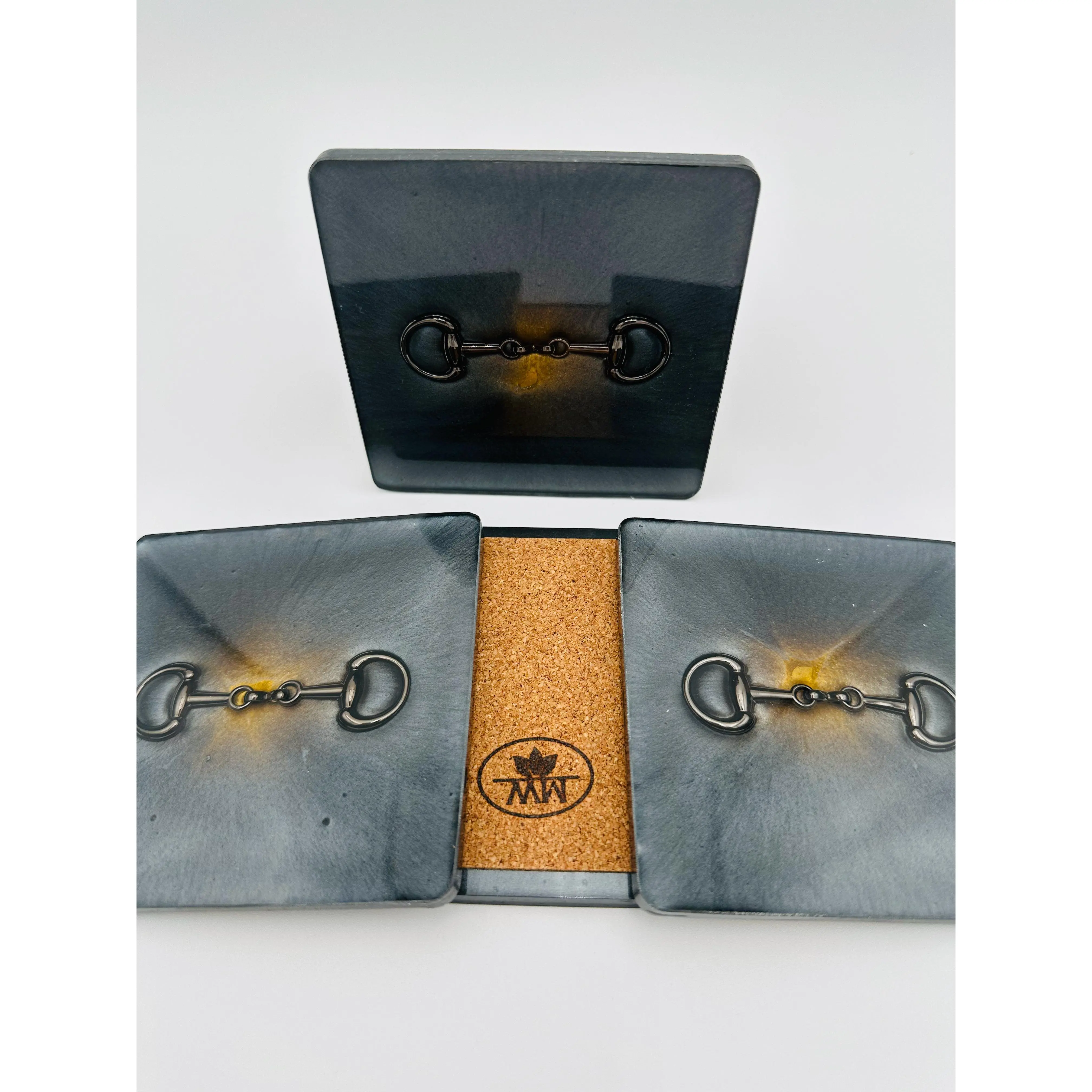Handcrafted Silver and Gold Resin Coasters with Black Bridle Bit Inlay, Set of 4