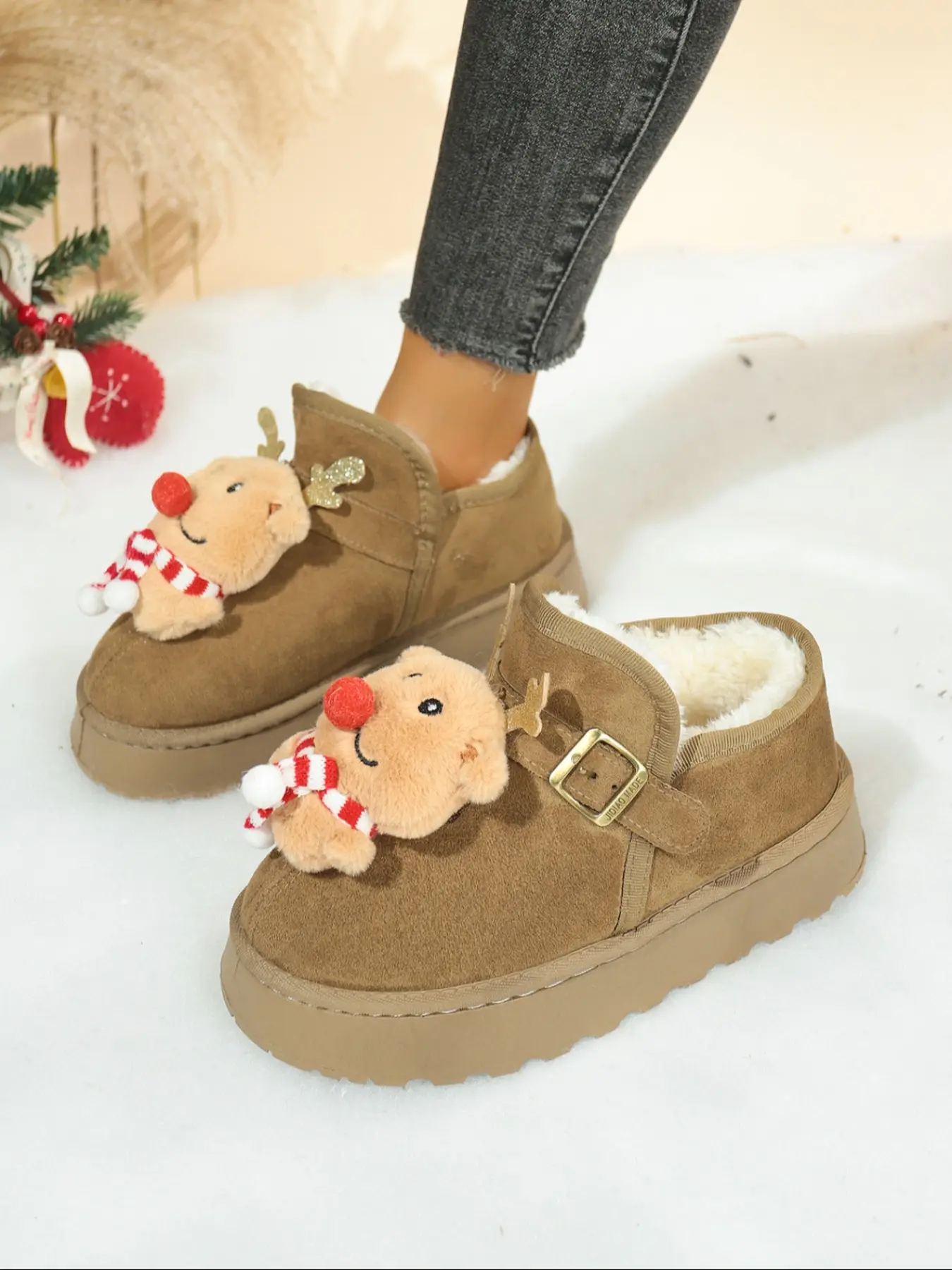 Women's New Christmas Snow Boots, Cartoon DIY Reindeer Fashion Cotton Shoes, Soft Plush Lining, Comfortable Winter Footwear