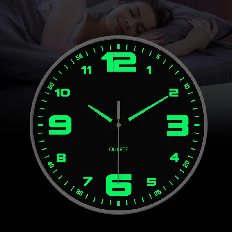 ConstantPlanet Black Glow-in-the-Dark Metal Pointer Wall Clock - 8-16 Inch Round Silent Battery-Powered Clock, Large Easy-to-Read Numbers, Home Decor Items, Decorations for Room, Christmas/Engagement Gift