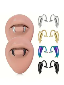 2 Piece Stainless Steel Vampire Devil Fang Teeth Rings, Teeth Grills, Non-Piercing Lip Clips, Halloween C-Shape Fake Lips Ring