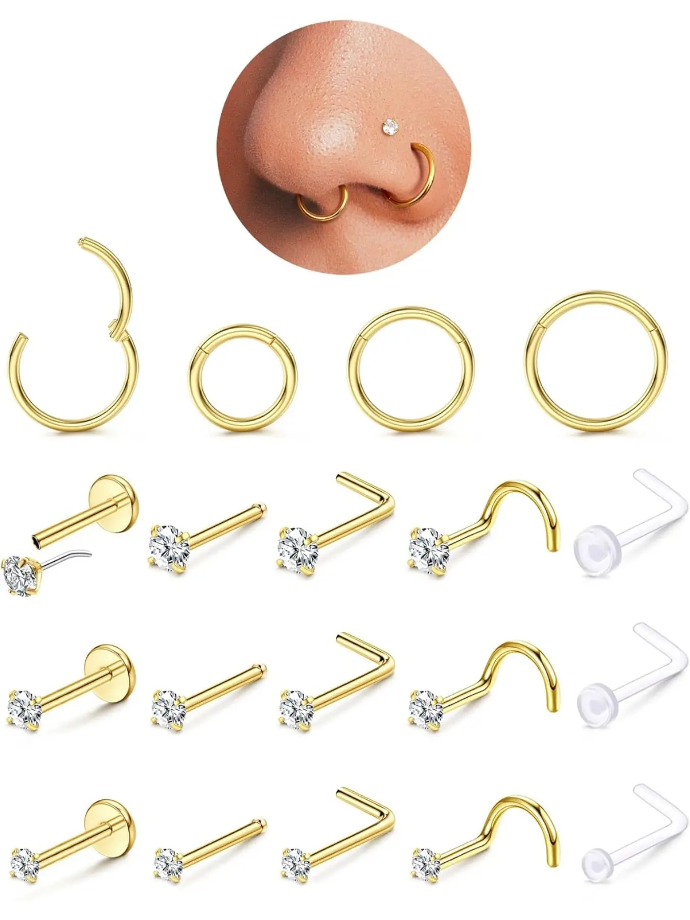 Gold Filled Nose Rings Studs Hinged Nose Hoops for Women Men: 20G 18G 316L Surgical Stainless Steel Hypoallergenic Dainty Simulated Diamond L Shaped/Corkscrew/Straight/Push Back Nostril Piercing Jewelry with Rhinestone Nose Ring