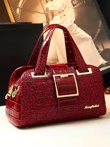 Burgundy Crocodile Pattern Lace Embossed Handbag, Elegant Boston Bag for Women, Fashionable Embellished Shoulder Bag for Weddings and Parties