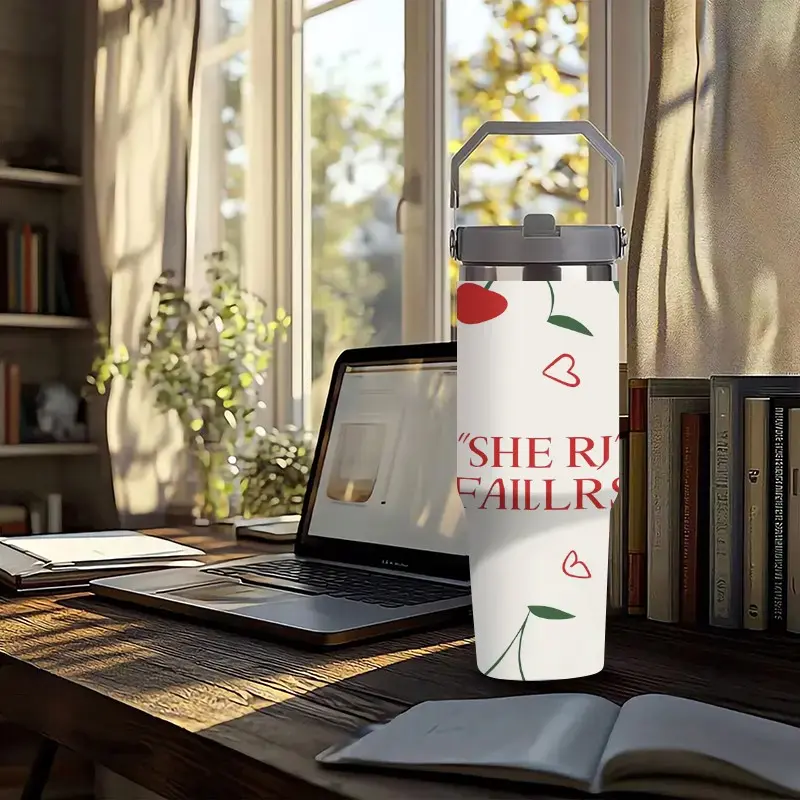 Inspiring Style "She Rises" 30oz Stainless Steel cup | Cherry heart design with handle and straw | Keep warm and cold travel cup | Ideal gift for girlfriend and best friend on Christmas, Valentine's Day, or anniversary | Thermo Tumbler