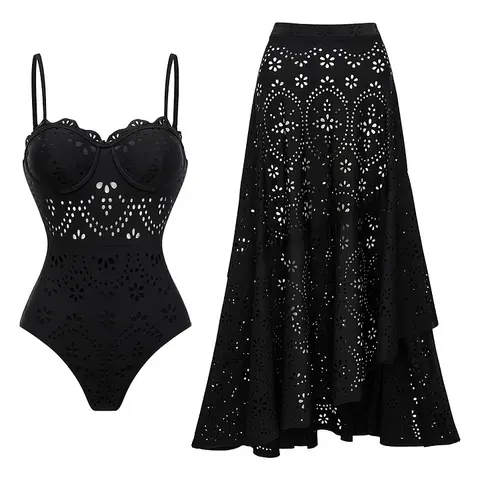 FLAXMAKER Women's Black Laser Cut Push Up One Piece Swimsuit and Matching Maxi Skirt Beachwear Swimdress Bathing Suit Set#Summervibes #SwimWeek