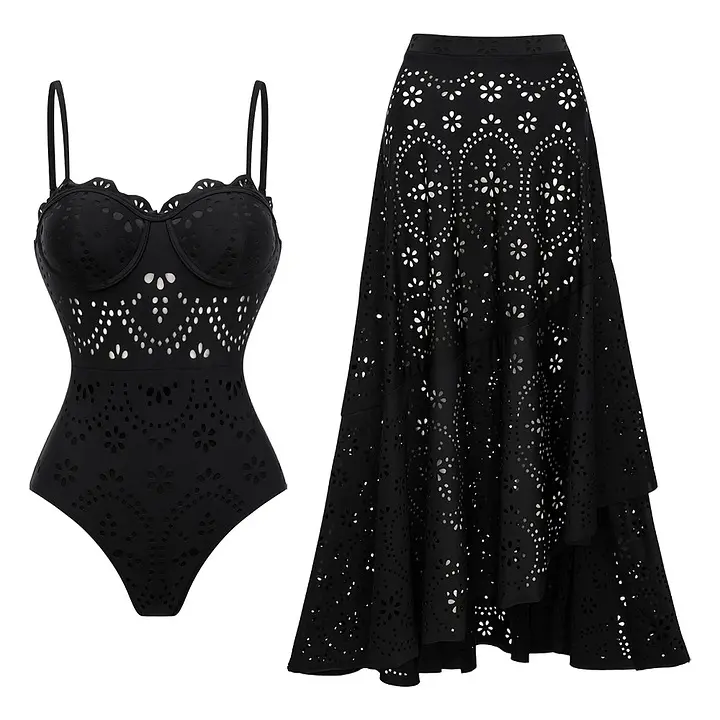 FLAXMAKER Women's Black Laser Cut Push Up One Piece Swimsuit and Matching Maxi Skirt Beachwear Swimdress Bathing Suit Set#Summervibes #SwimWeek