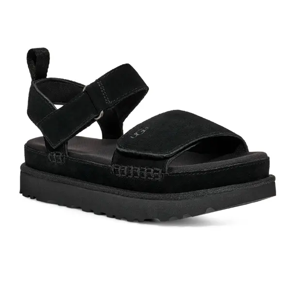 UGG Women's Goldenstar Platform Sandal - Black Open Toe Casual Footwear, Hook&Loop Adjust Strap, EVA Construction, Heat-Embossed Logos, Bunion Relief, Recycled Poly Material, Walking Shoes for Women