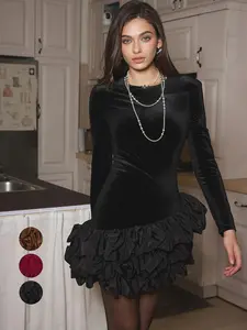 Early Spring New Women's Fashion Sexy Babushka Style Gold Velvet Round Neck Long Sleeve Slim Mini Skirt Spring Heavy-Duty Asymmetrical Flared Dress