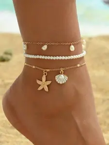 3pcs/Set White Pearl Tassel Sea Star Shell Pendant Anklet Gold Color Multilayer Design Women Foot Jewelry, Suitable For Daily Wear And Vacation, Elegant Accessory Jewelry Accessories, Trendy Jewelry, Versatile Accessory