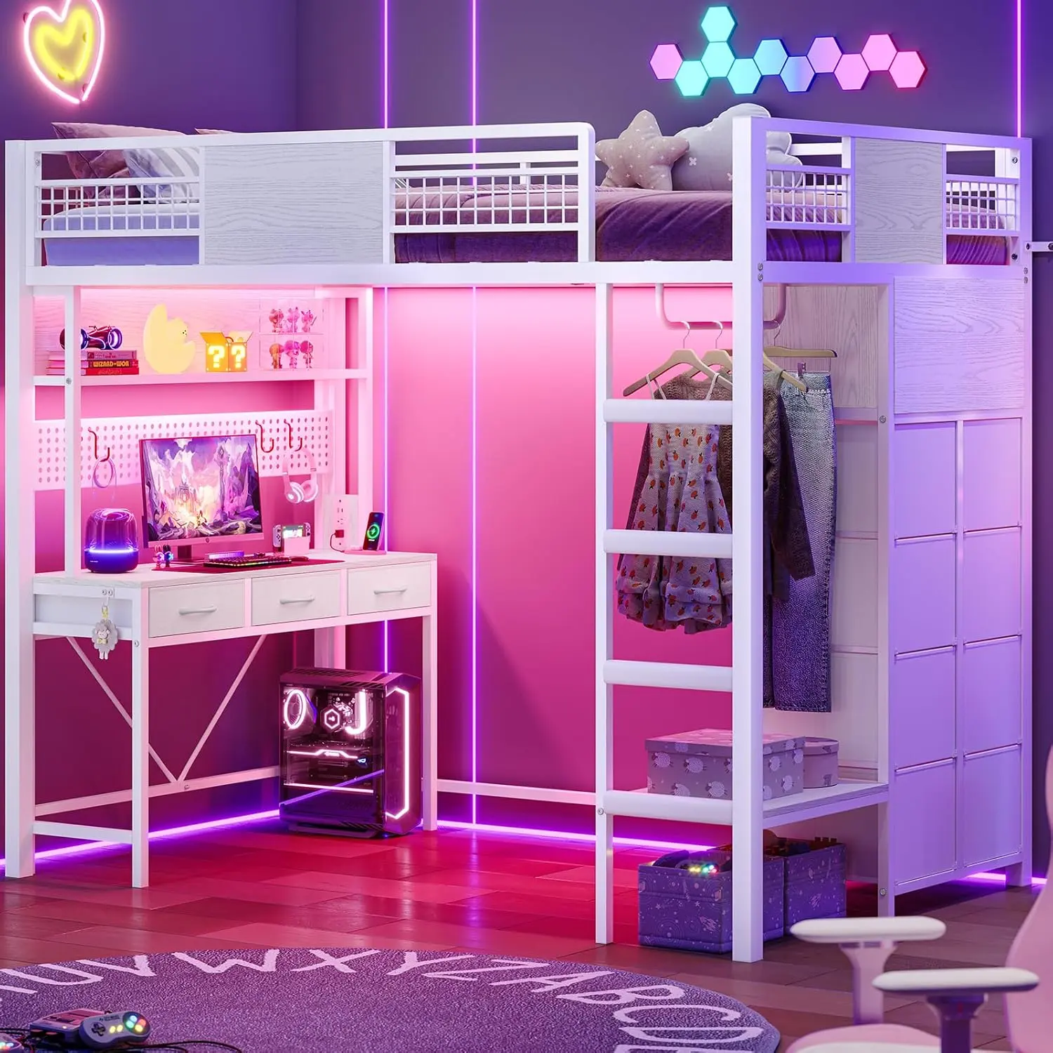 ADORNEVE Sturdy Twin Size Metal Loft Bed Frame with Storage - Desk, 11 Drawers, Color Changing RGB Smart LED Lights, Power & USB Ports, Shelves, Clothing Rack, 13.4" H Safety Guard, Padded Ladder, Bed Frame Storage, Smart Led Bed