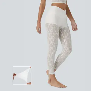 Halara High-Waisted Crossover 2-in-1 7/8 Lace Casual Leggings, Comfortable Breathable Fabric Sports Bottoms with Built-In Shorts