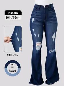 Elegant Vintage Dark Wash Denim Bell Bottoms, High Waist Slim Fit, Ripped Design, Elastic Pockets, Button Fly, Casual Women's Jeans Pantsbootcut jeans