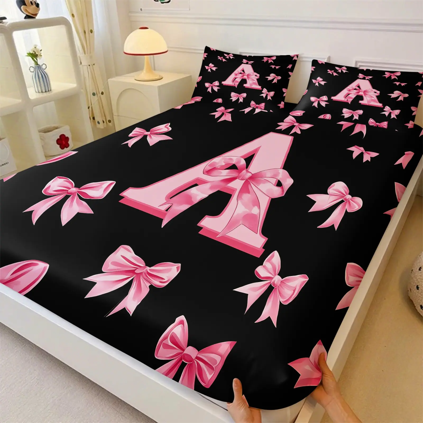 Base Bow Letter A-M Elastic Fitted Sheet Set, Includes 1 Mattress Cover and 2 Pillowcases, Non-Slip Full Coverage Bedspre, Soft Breathable Bedroom Protector