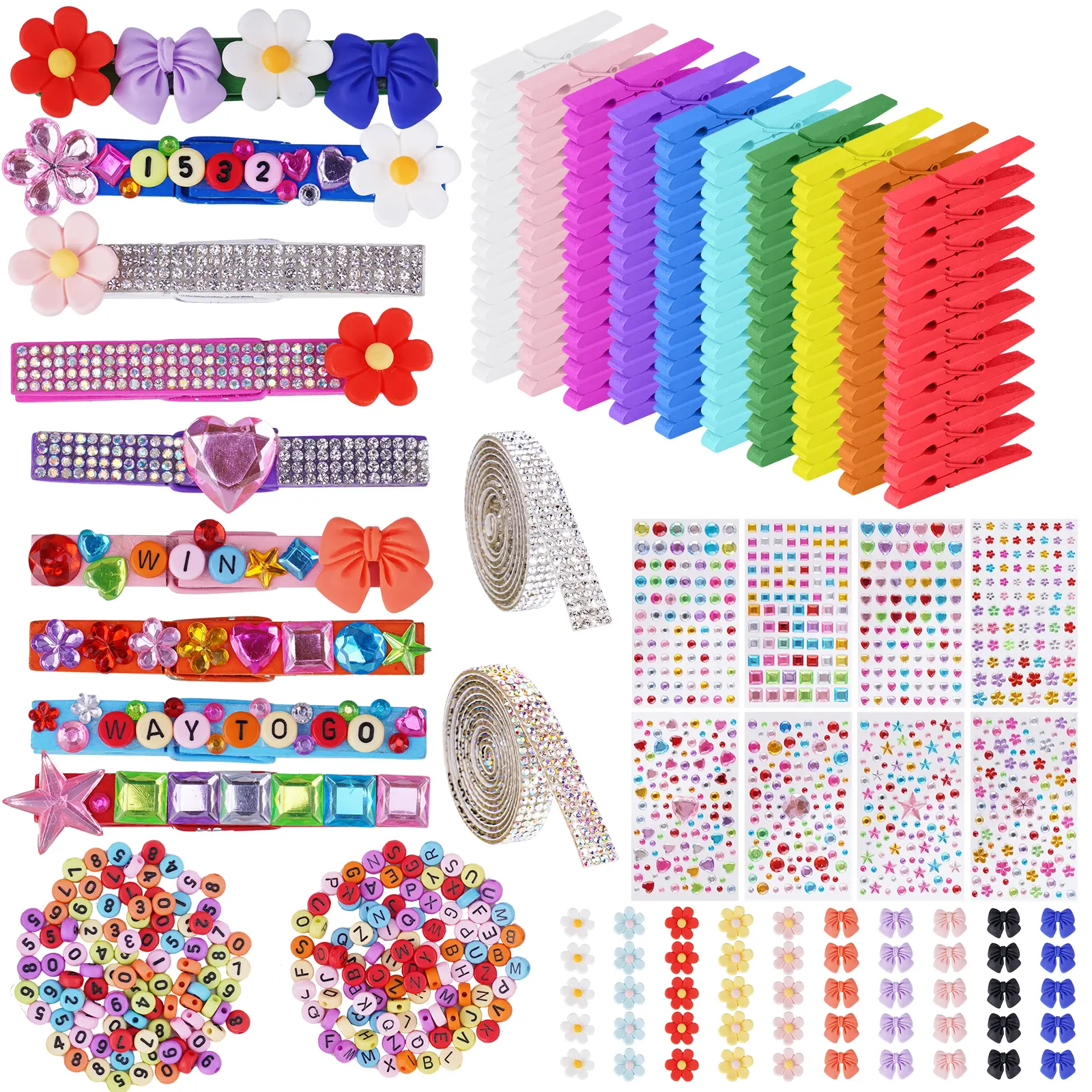 Aphlos 100PCS Sturdy Cheerleading DIY Craft Kits with Wooden Clips, Mini Bows, Flowers, Glitter Ribbons, Cute Cartoon Themed Stickers, Vibrant Colorful Decor Letter Embellishments, Number Buttons for School Projects, Die-Cut Embellishments