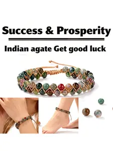 Handmade Adjustable Indian Agate Beaded Bracelet, Unisex Bohemian Healing Crystal Anklet, Lucky Wealth Jewelry Gift