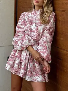 Elegant Fashion Long Sleeve Tie Waist Woven Floral Printed Dress, Stylish Women's Clothing for Special Occasions, Perfect Fit Design