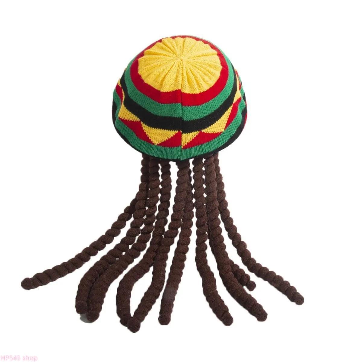 Reggae Style Jamaican Dreadlocks Knit Beret, Colorful Rainbow Braided Wool Wig Hat, Boho Festival Costume Accessory, Unisex Knitted Headwear For Men Women Halloween Party And Music Festival Outfits