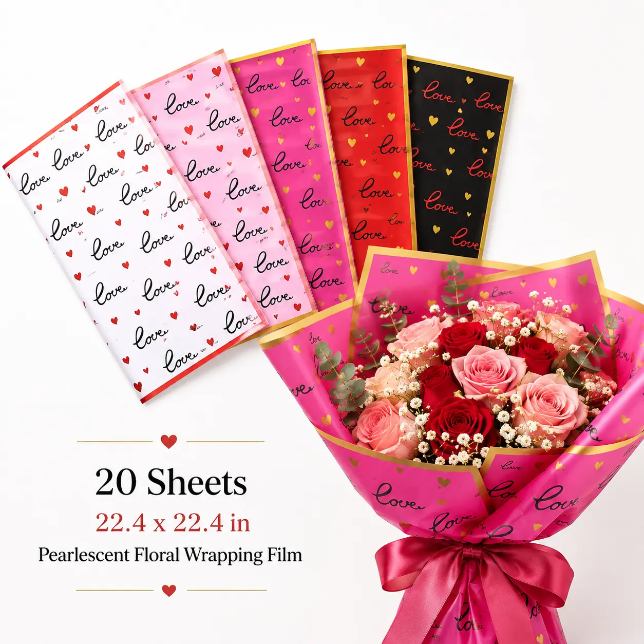 Pearlescent Romantic Heart Pattern Waterproof Translucent Wrapping Film - 20 Sheets, 22.4×22.4 in Office Stationery for Wrap Flowers, Paper Sheet Gifts & Wrapping, Translucent Paper Gifts & Wrapping, Heartfelt Gifting