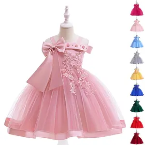 Pink Kids Clothes 5081 Flower Girl Ball Gown Big Bow Embroidered Beading Maroon Children Princess Prom Host Party Cocktail Dress 3-10Y