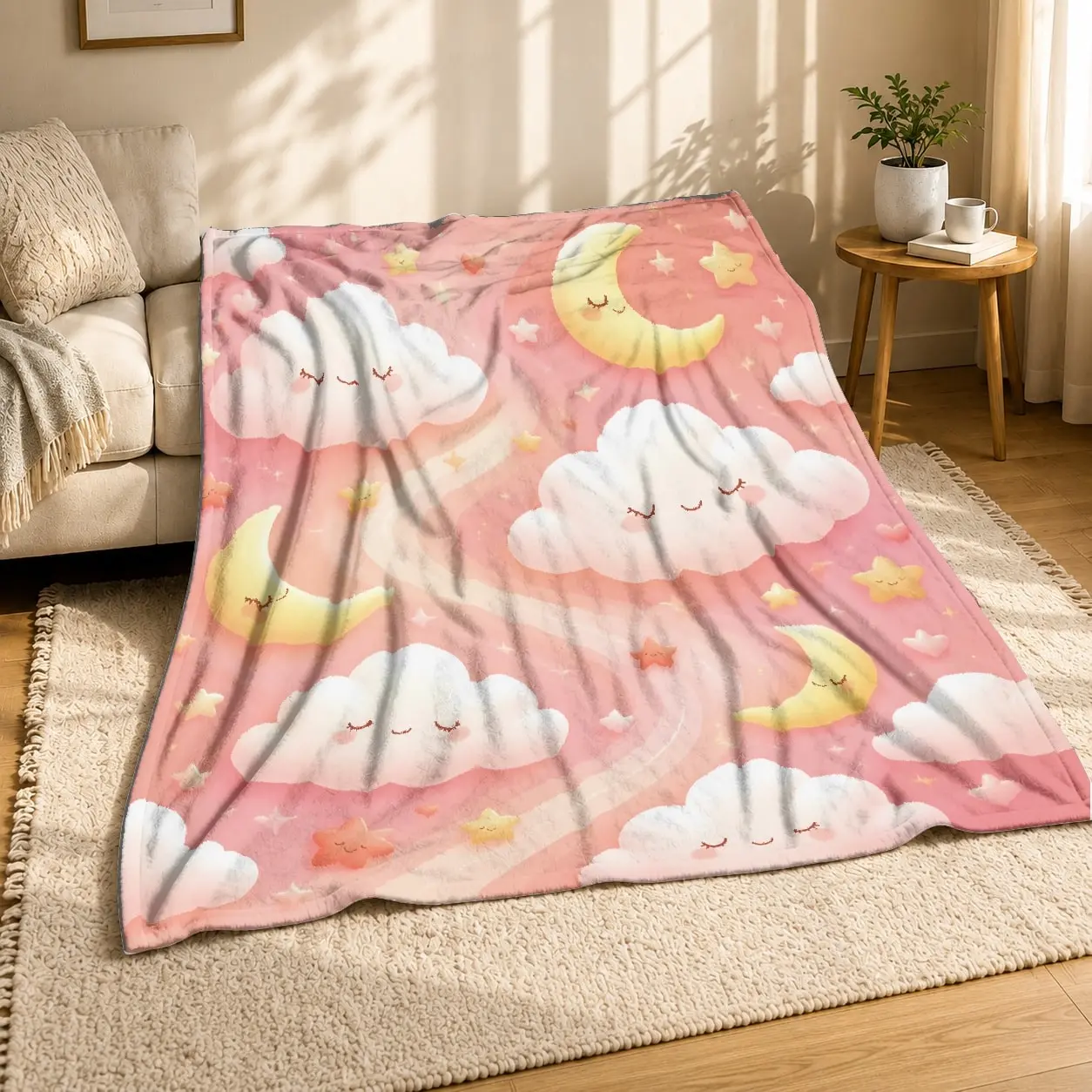 Sleepy Cloud Moon Star Coral Fleece Blanket Nursery Decor