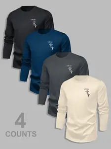Men's Classic 4-Piece Set Letter Pattern Print Versatile Base Layer, Men's Basic Fitted Long Sleeve Tee Casual Top, Fall & Winter Fashion Menswear