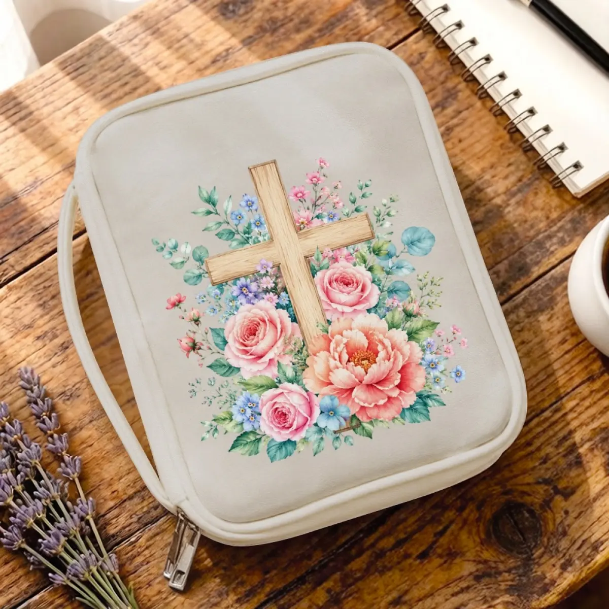Rose Cross Bible Cover Case for Women, Large Bible Bag with Handle, Lightweight Christian Gifts for Women Mom,Church Home Travel Vacation Everyday Use